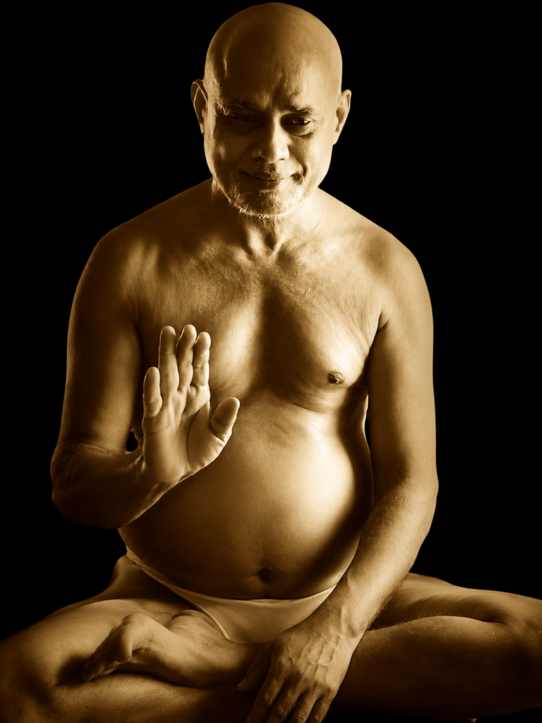 Seated, shirtless older man meditating, right hand raised in a stop gesture, warm sepia lighting.