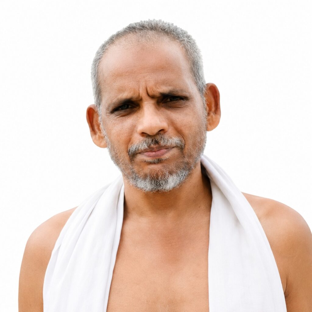 Portrait of a middle-aged man with a gray beard, wearing a white cloth draped over his shoulders, looking puzzled against a white background.