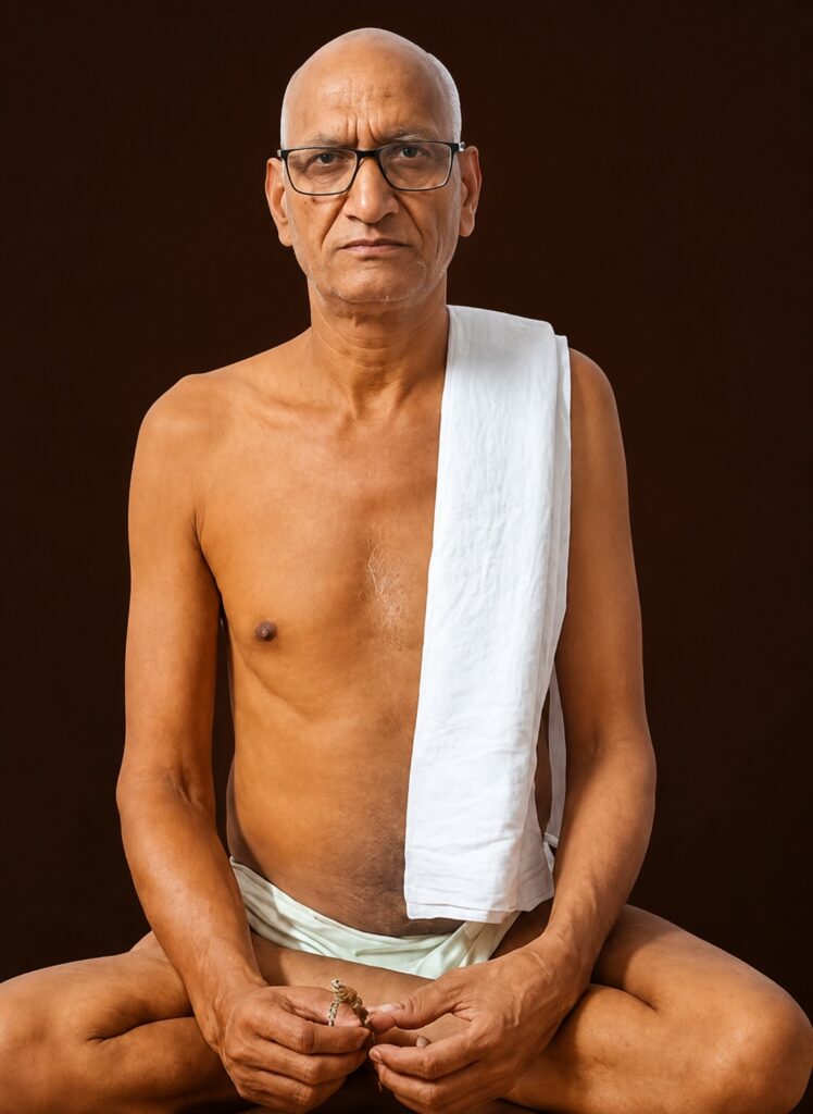 Man meditating barefoot and cross-legged, wearing glasses and a white cloth over one shoulder, holding prayer beads against a dark background.