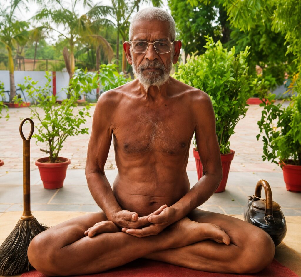 Elderly man with gray hair and beard sits cross‑legged, meditating outdoors among potted plants.