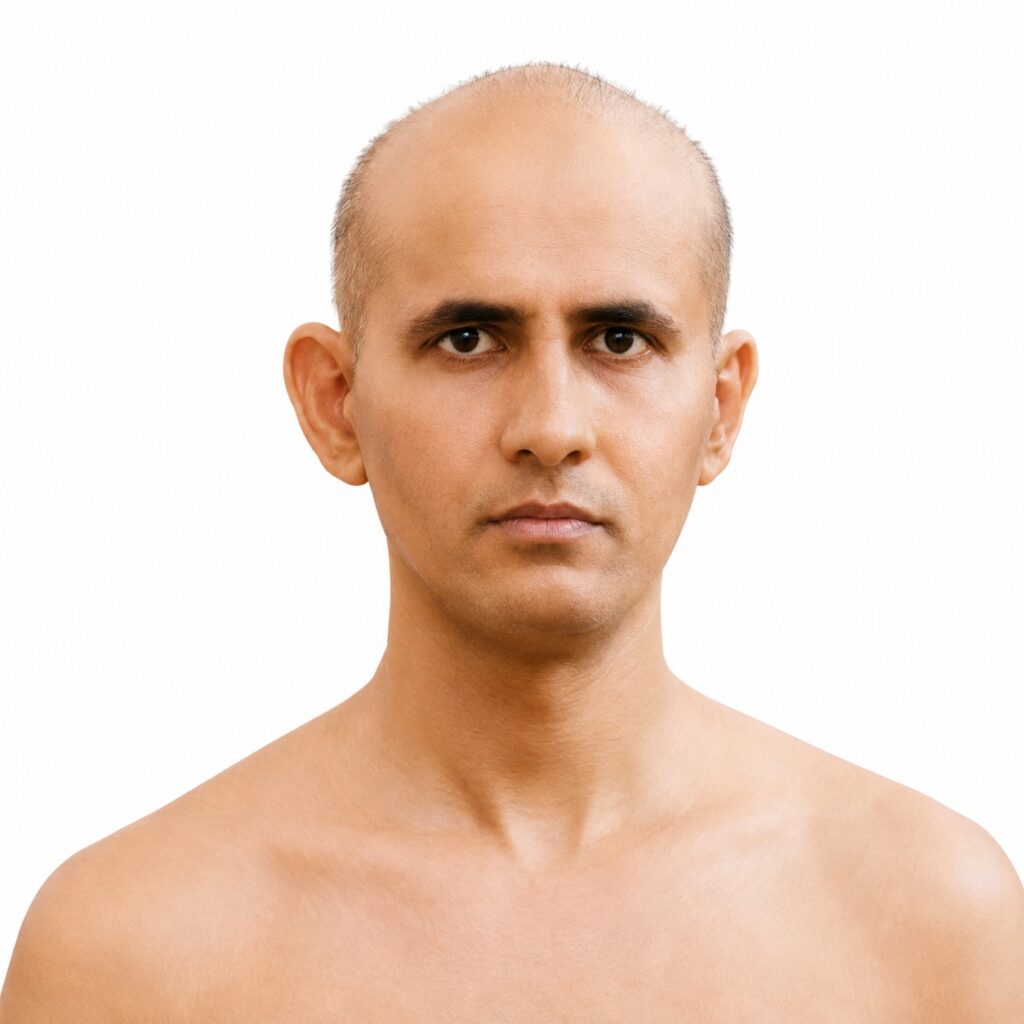 Close-up portrait of a bald man with a neutral expression against a white background.