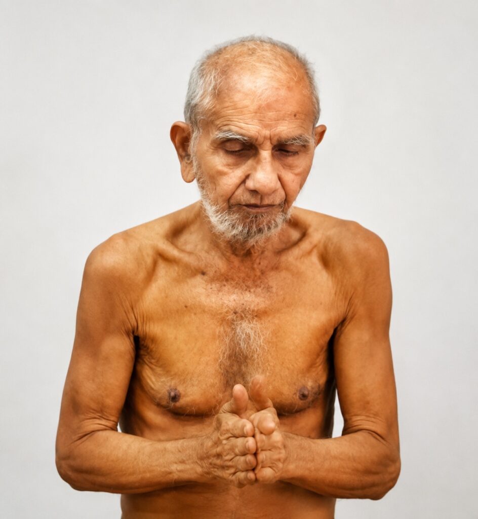 Elderly shirtless man with gray beard, eyes closed, hands pressed in prayer against a plain light background.