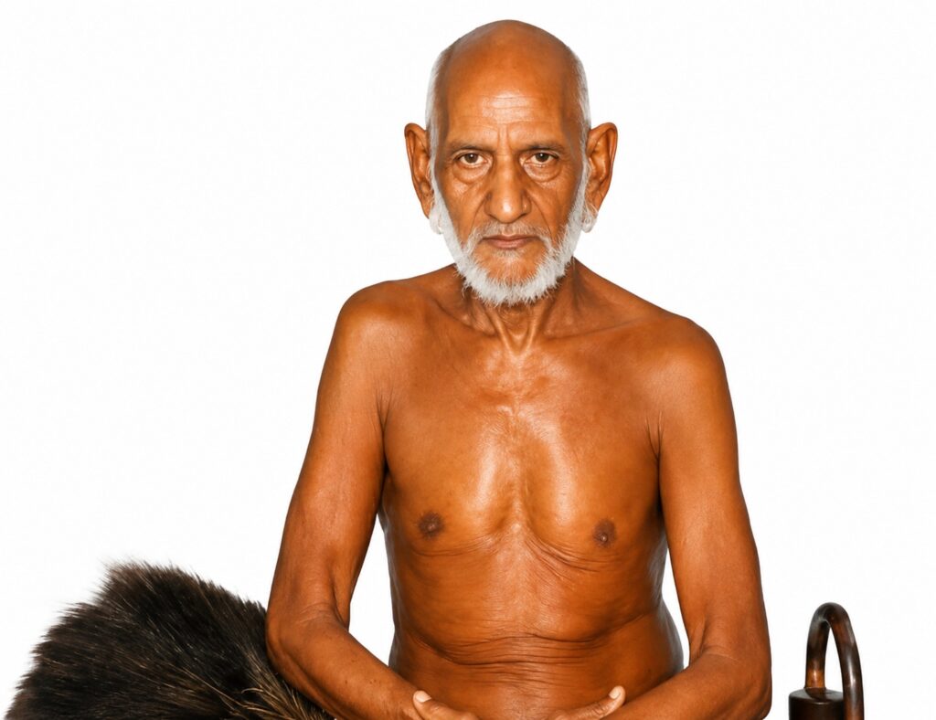 Portrait of an elderly, shirtless man with a white beard, seated against a white background.