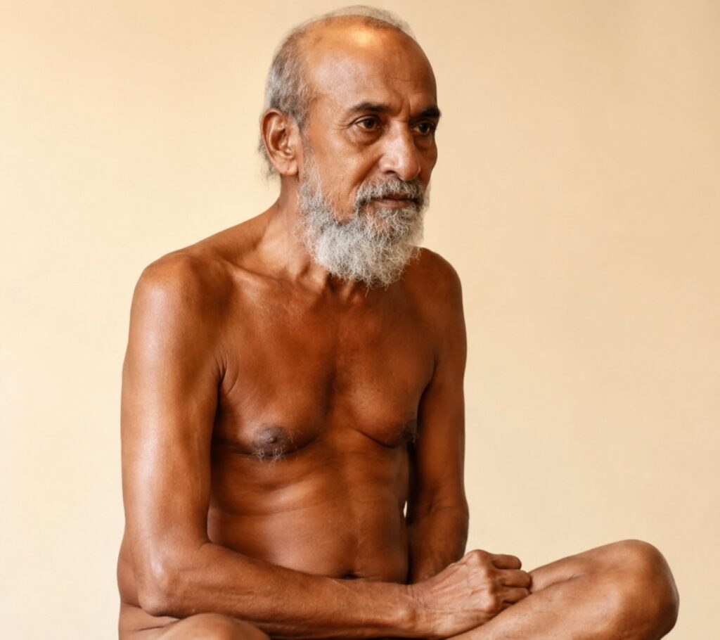 Older man with a gray beard sits cross-legged, shirtless, meditating against a neutral beige background.