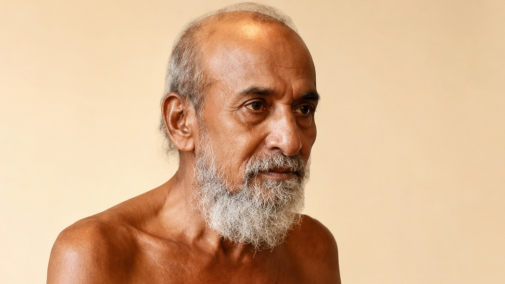 Portrait of an elderly man with a gray beard, bare shoulders, looking to the right against a beige background.