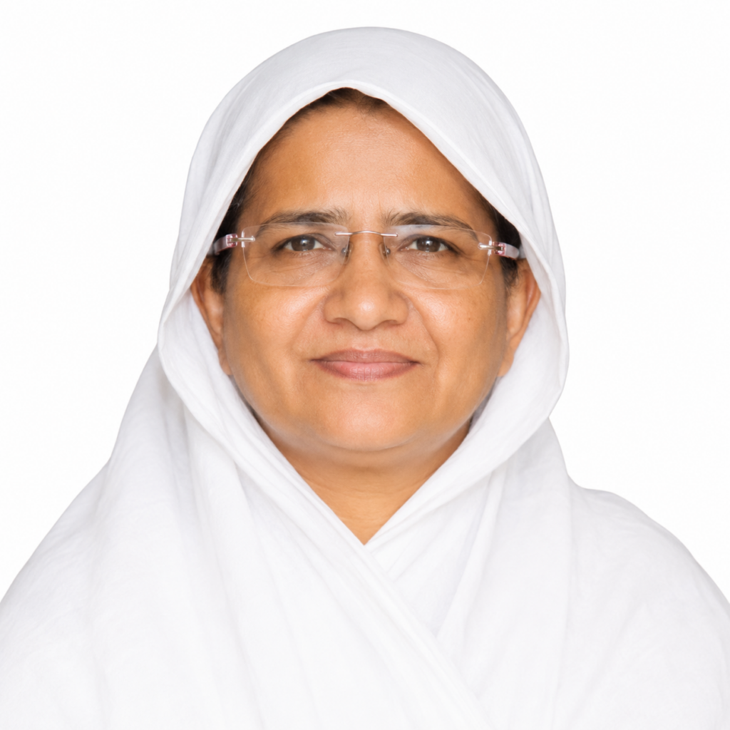 Woman wearing a white hijab and glasses, smiling softly at the camera against a white background.