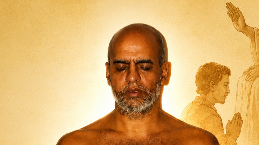 Man with a gray beard, eyes closed, shirtless, meditating against a warm golden background; faint sketch of a person praying on the right side.