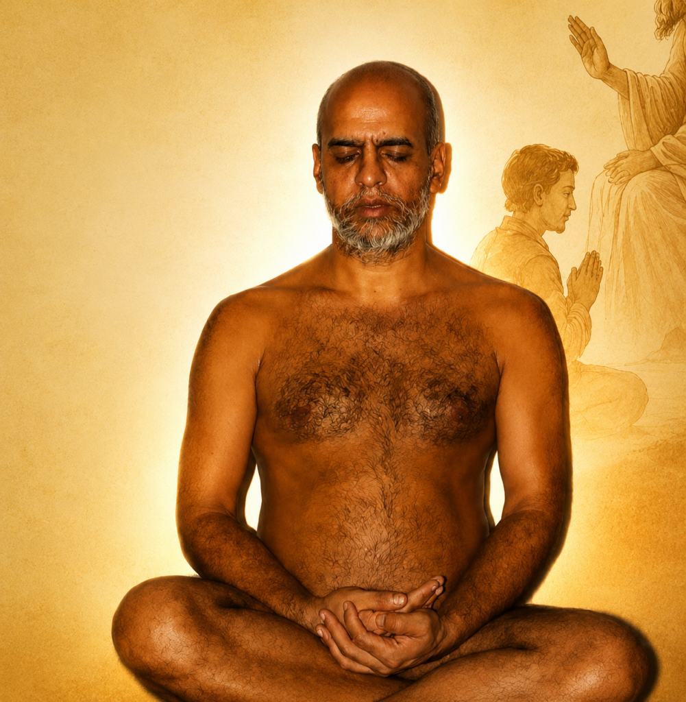 Man meditating cross-legged with eyes closed against a warm golden backdrop.