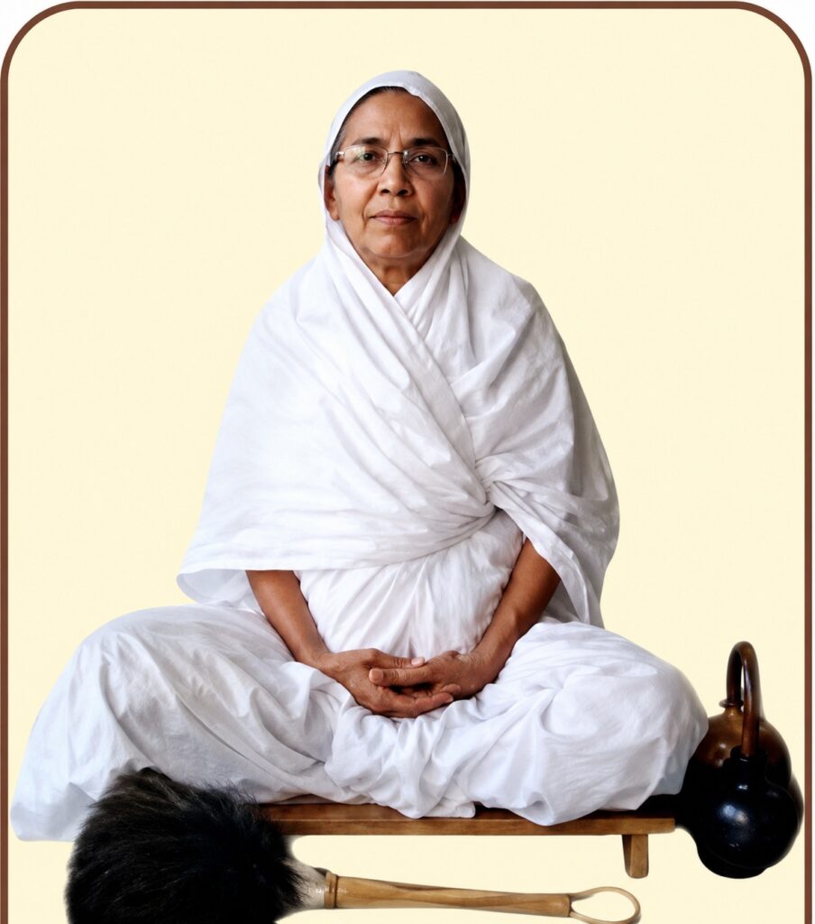 Older woman in a white robe and headscarf sits cross‑legged on a wooden bench in a meditative pose, hands resting in her lap.