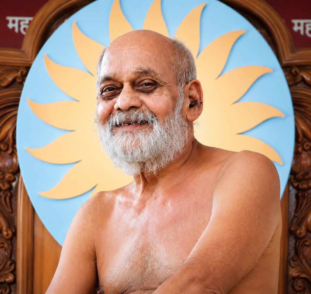 Smiling elderly man with a white beard, shirtless, posed in front of a large blue and yellow sun emblem on a wooden frame.