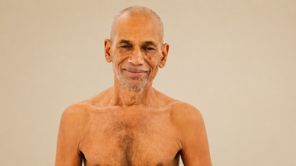 Smiling older man, shirtless, with gray stubble, against a plain beige background.
