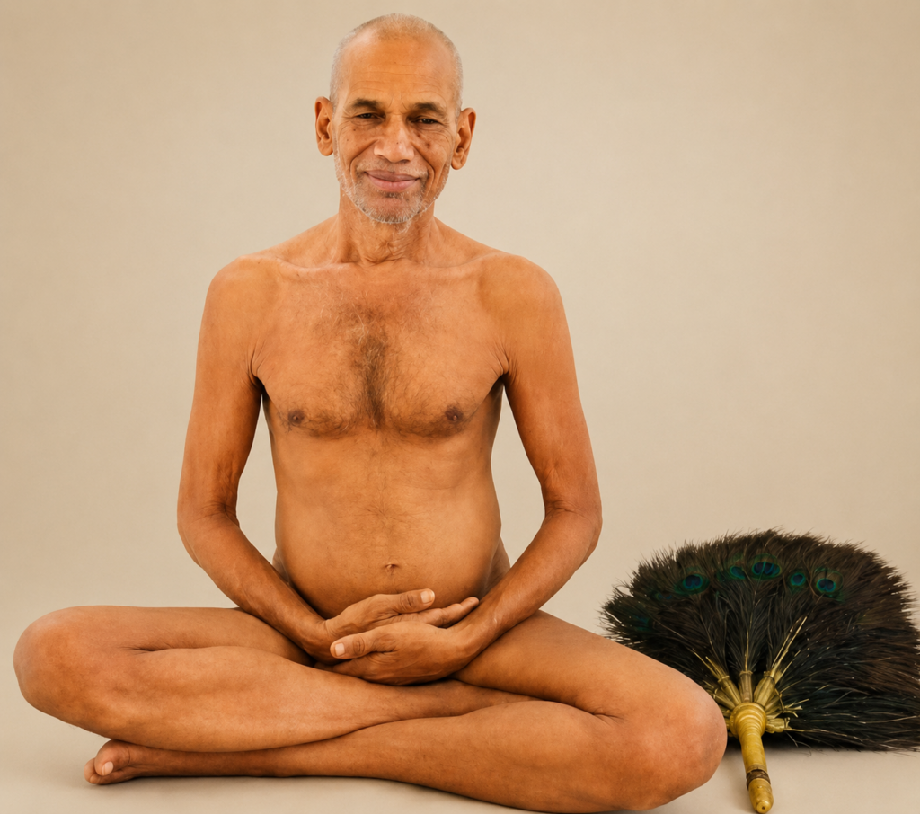 Older shirtless man meditating in a cross-legged lotus pose on a beige backdrop, with a peacock feather fan nearby.