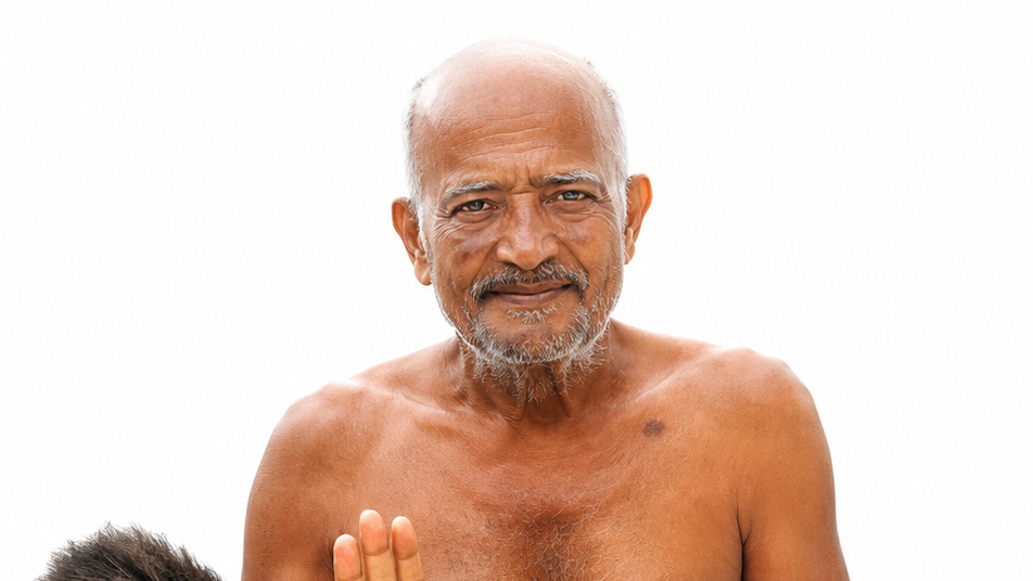 Older shirtless man with gray beard and bald head, raising one hand against a white background.