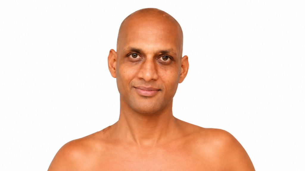 Portrait of a bald man with light brown skin looking at the camera, shoulders bare against a white background, neutral expression.