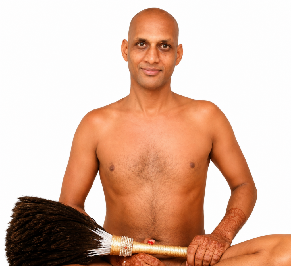 Shirtless man with a shaved head sits against a white background, holding a large brown brush with a golden handle across his lap.