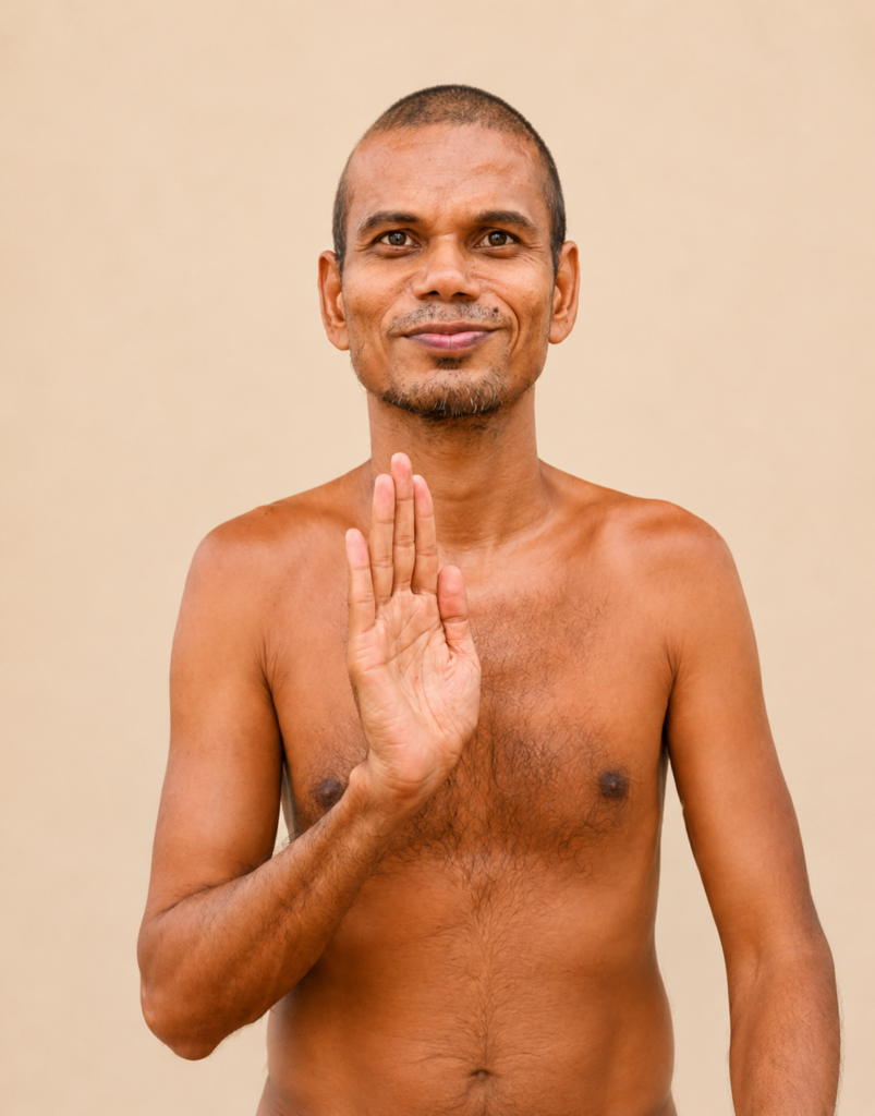 Shirtless man with palms pressed together in a namaste greeting, smiling at the camera against a beige background.