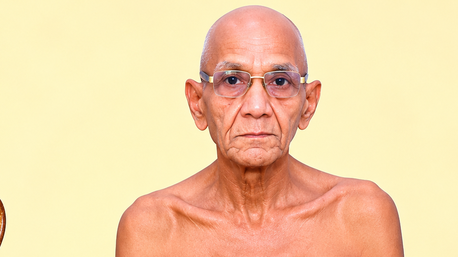 Portrait of an elderly bald man wearing glasses, facing the camera against a pale yellow background, neutral expression.
