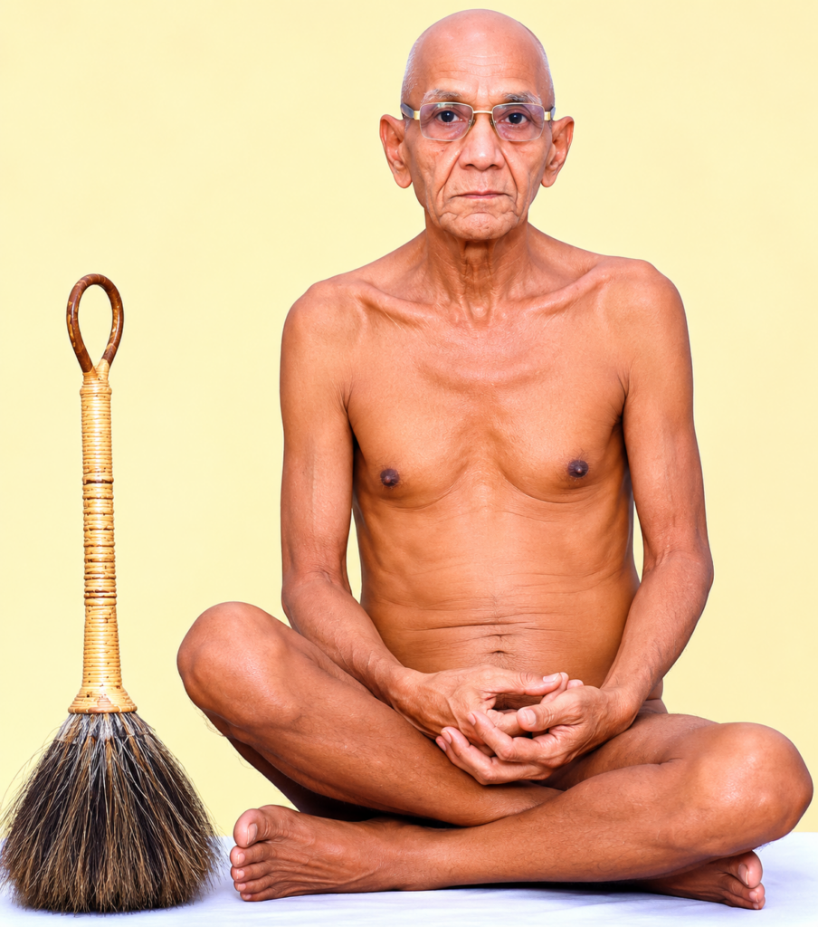 Older man meditates in a cross-legged pose, wearing glasses, with a broom beside him against a pale yellow background.