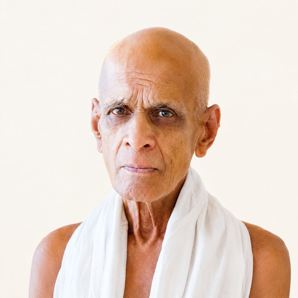 Portrait of an elderly, bald man with a serious expression, wearing a white scarf against a pale background.