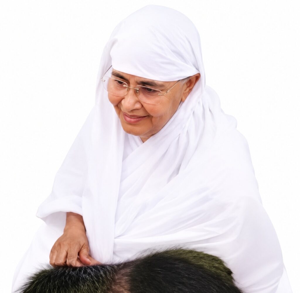 Elderly woman in a white hijab and glasses gently touching someone's head with a kind smile