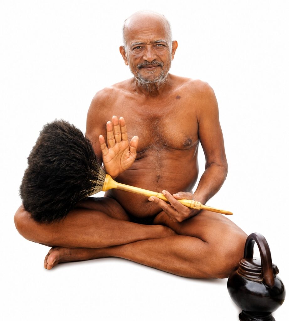 Older man with a bare chest sits cross‑legged on the floor, holding a broom in his left hand and raising his right palm in a calm gesture, with a kettle nearby.