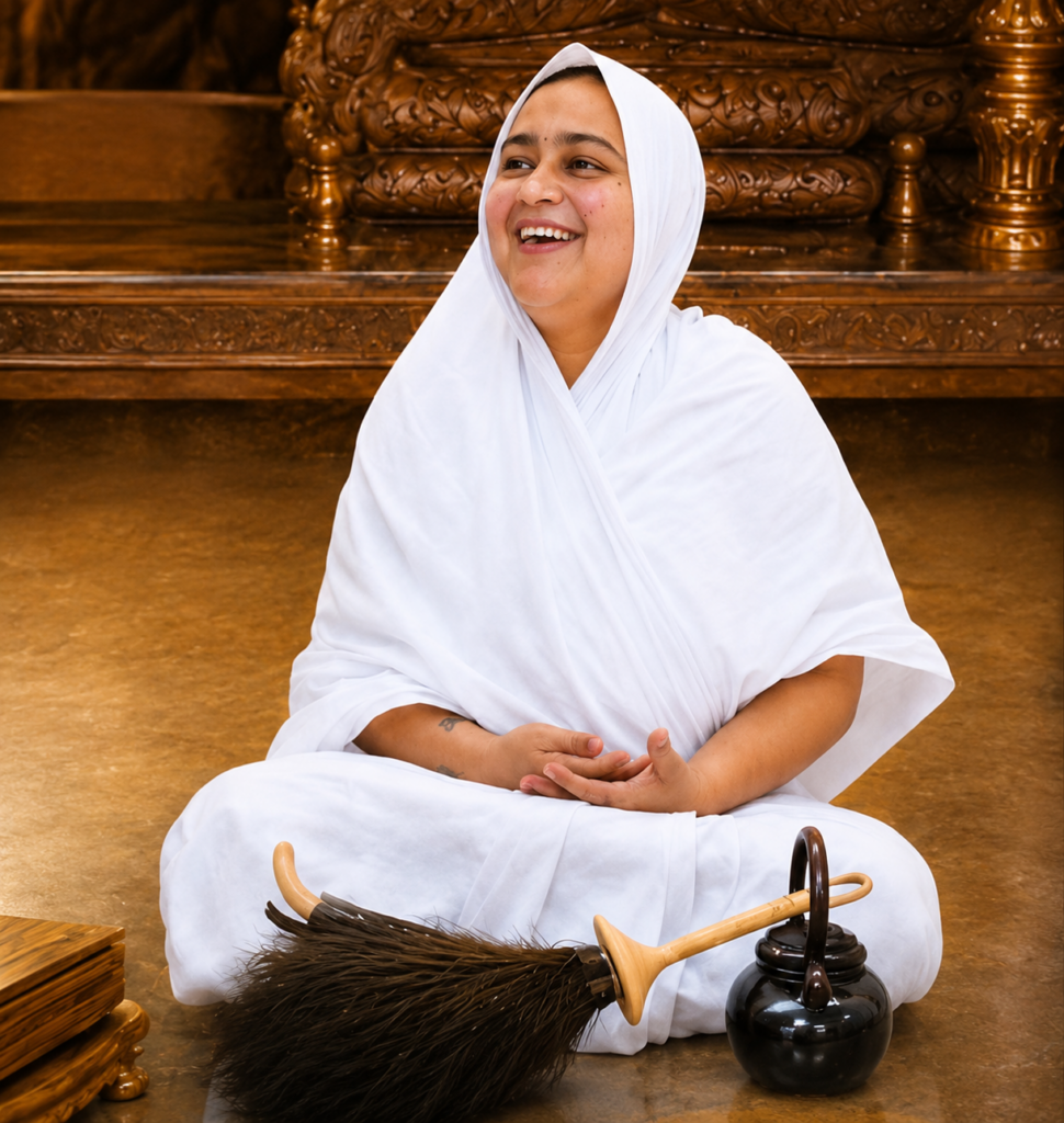 Woman in white robes sits cross‑legged on a polished floor, smiling, with a broom and a kettle nearby in a temple-like setting.