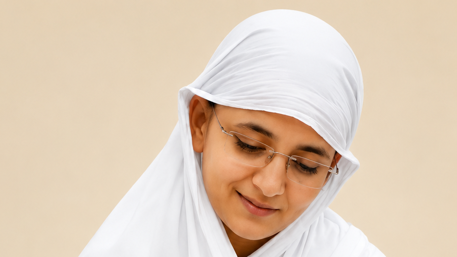 Portrait of a smiling woman wearing a white hijab and glasses, looking down
