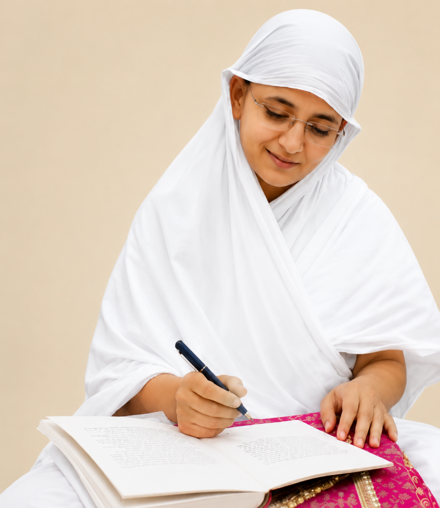 Woman in a white hijab writing with a pen in an open book resting on a pink patterned cloth
