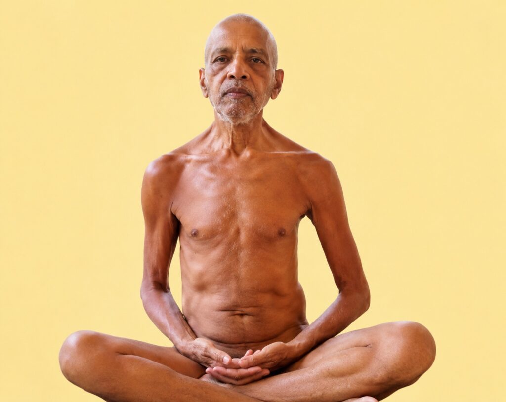 Older shirtless man meditating in a lotus pose against a yellow background.