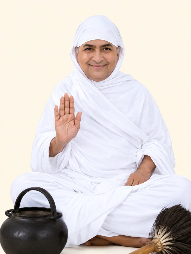 Older woman in a white robe and hijab sits cross-legged, raising her right hand in blessing; a black kettle and broom sit nearby.