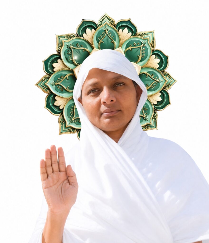 Woman in white robes raises her hand in blessing, with an ornate green and gold halo behind her head.