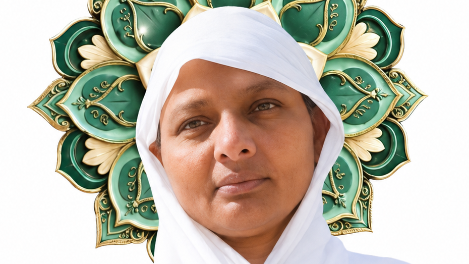 Portrait of a woman in a white headscarf against a green decorative mandala backdrop