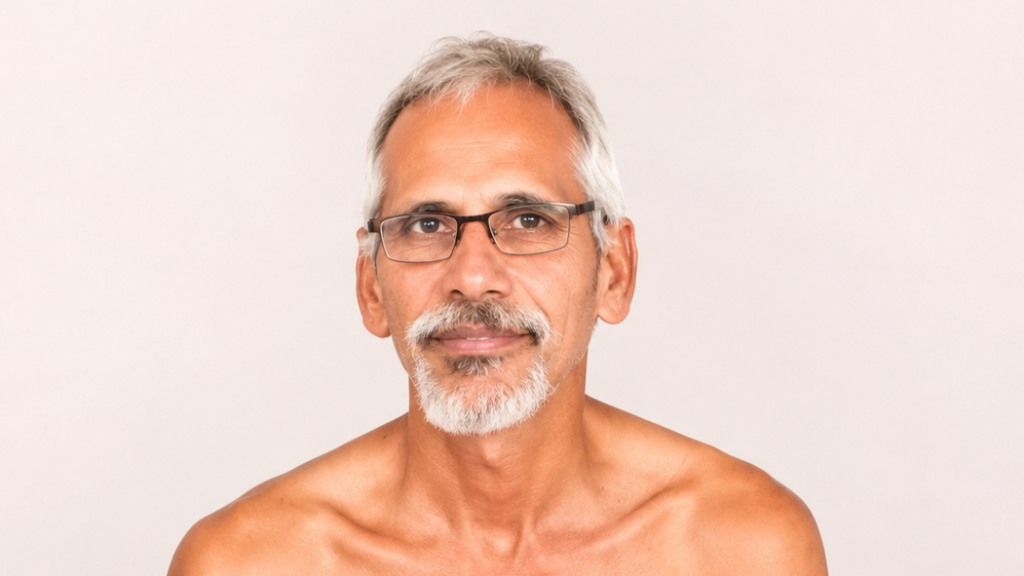 Portrait of a shirtless middle-aged man with gray hair and a white goatee, wearing glasses, against a light background.