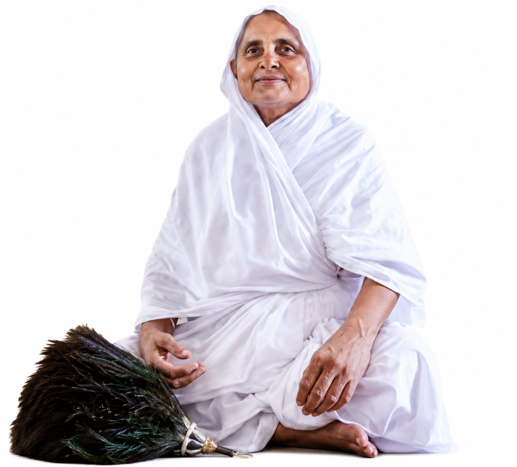 Elderly woman in white robes sits cross-legged with a large broom resting beside her on the floor, smiling softly.