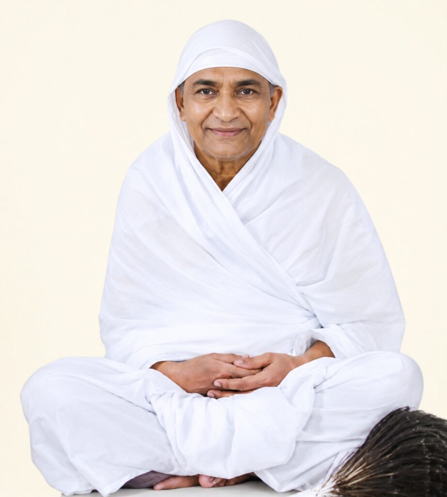 Older woman in a white robe sits cross-legged with hands folded in her lap, against a pale background.