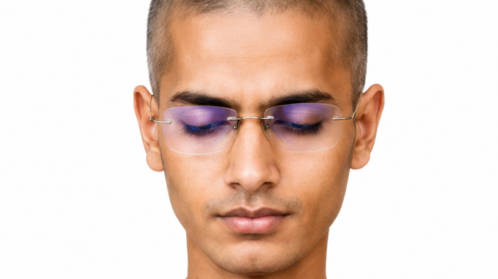 Close-up portrait of a man with a rimless metal frame and purple-tinted lenses, eyes closed against a white background.