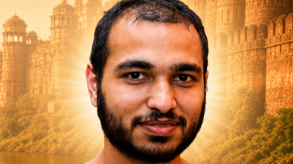 Close-up portrait of a man with a beard, smiling, with a warm sunlit fortress in the background.