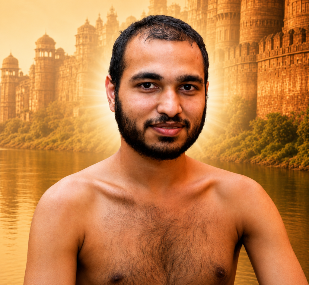 Portrait of a young man with a beard, smiling softly, shirtless, with a golden glow behind him and an orange-toned cityscape in the background.