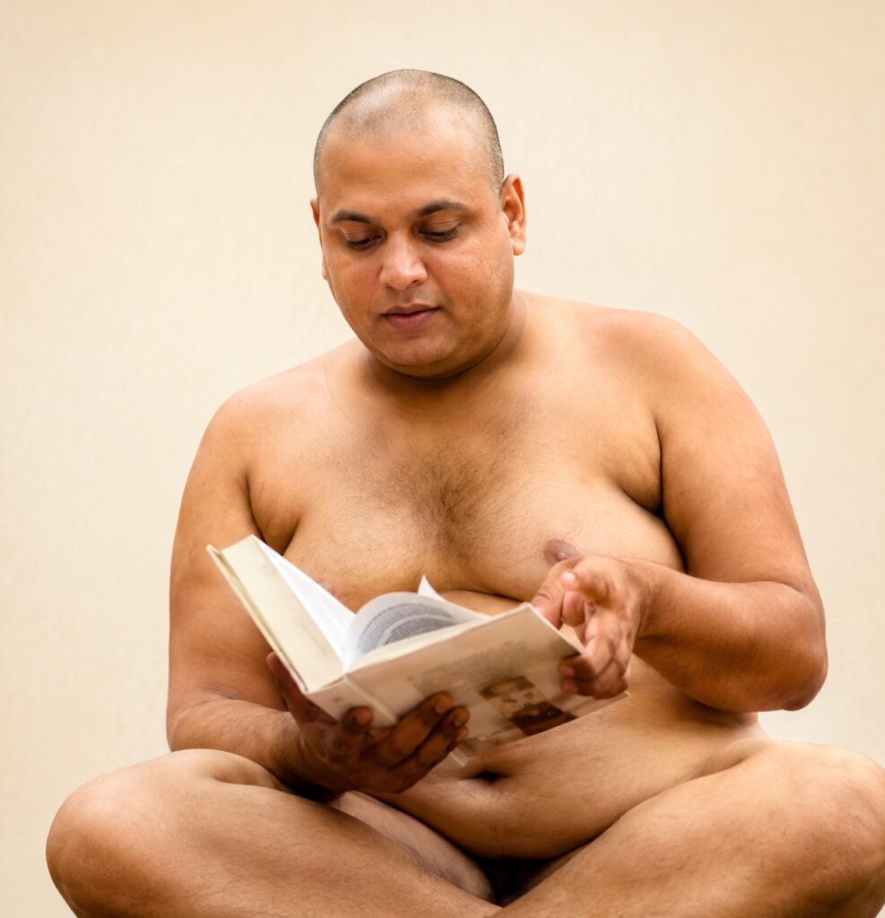 Shirtless man sits cross-legged and reads a paperback book indoors.