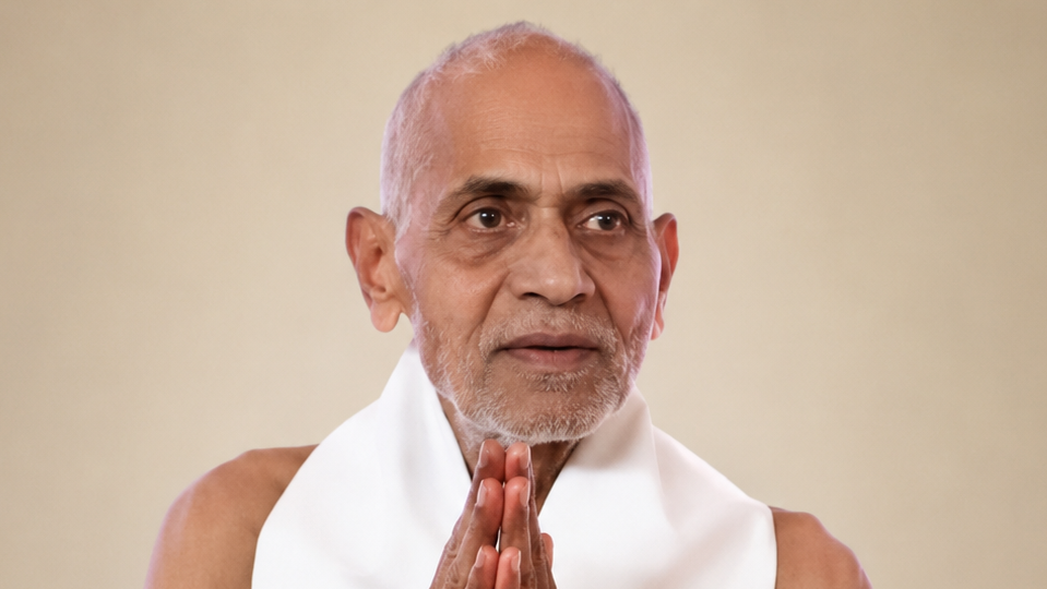 Elderly man with gray beard in prayer pose, hands pressed together and wearing a white shawl in a neutral background