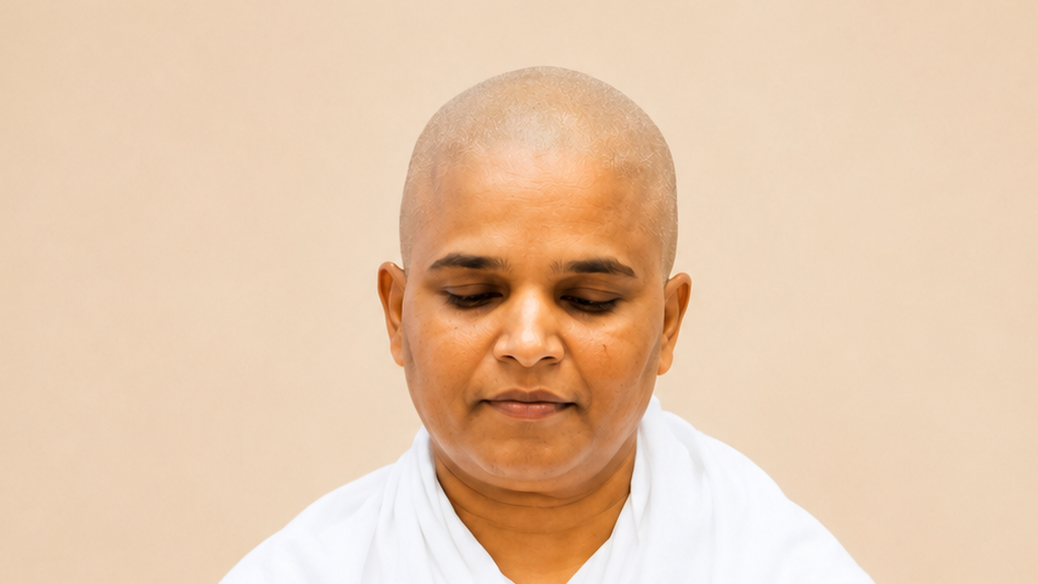 Person with shaved head wearing white robes, eyes closed, meditating in a calm pose.