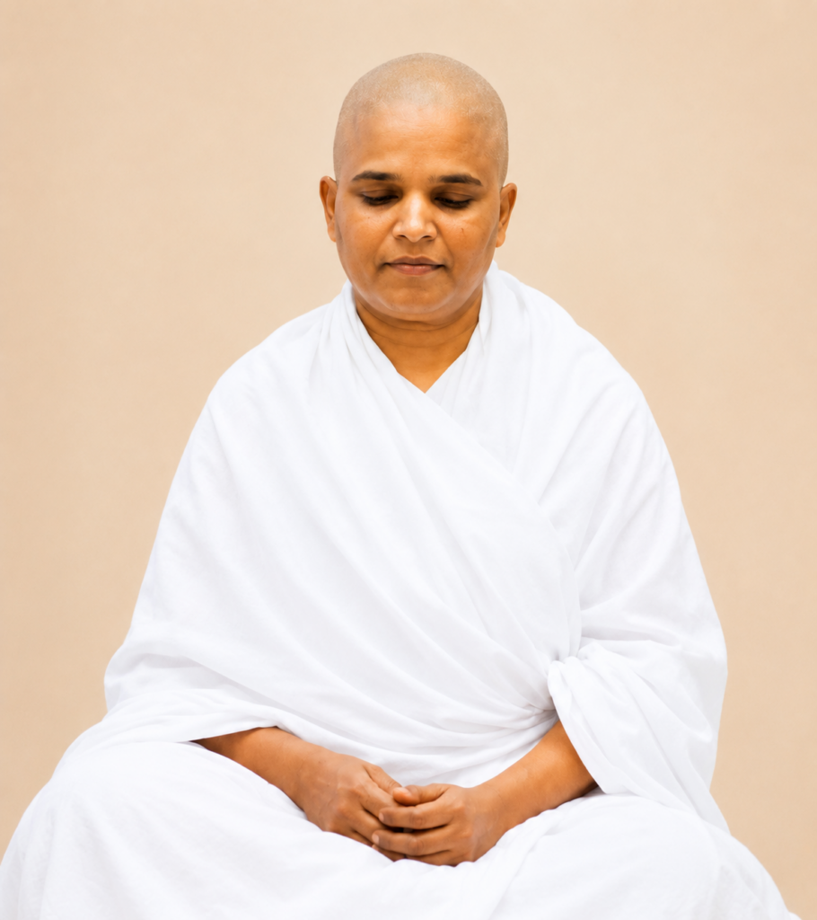 Person in a white robe sits cross-legged with eyes closed, meditating against a beige background.