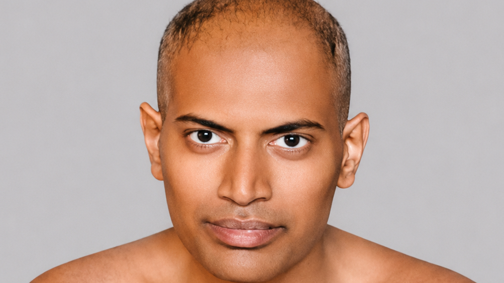 Close-up portrait of a man with short-cropped hair and a neutral expression against a gray background.