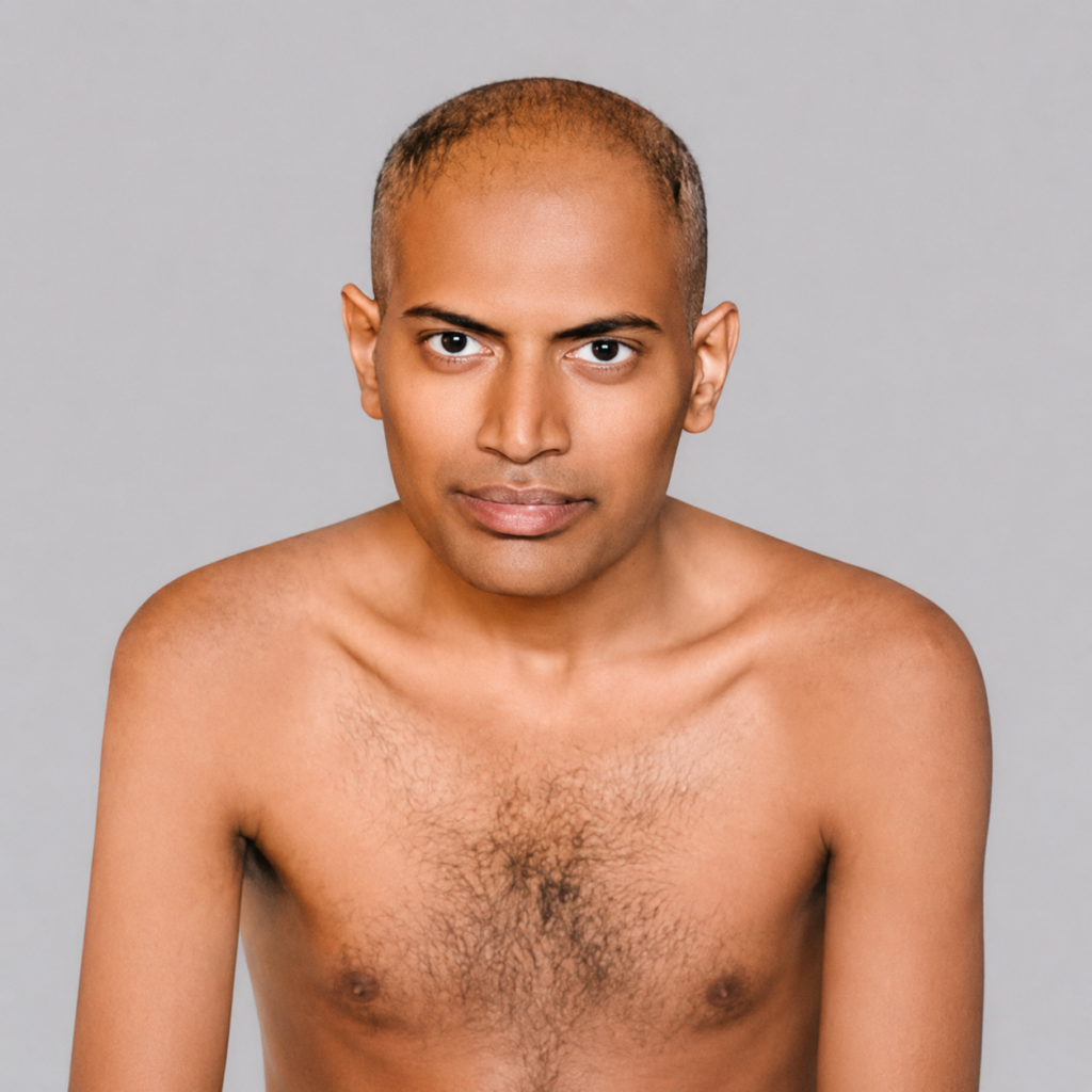Close-up studio portrait of a shirtless man looking at the camera against a gray background.