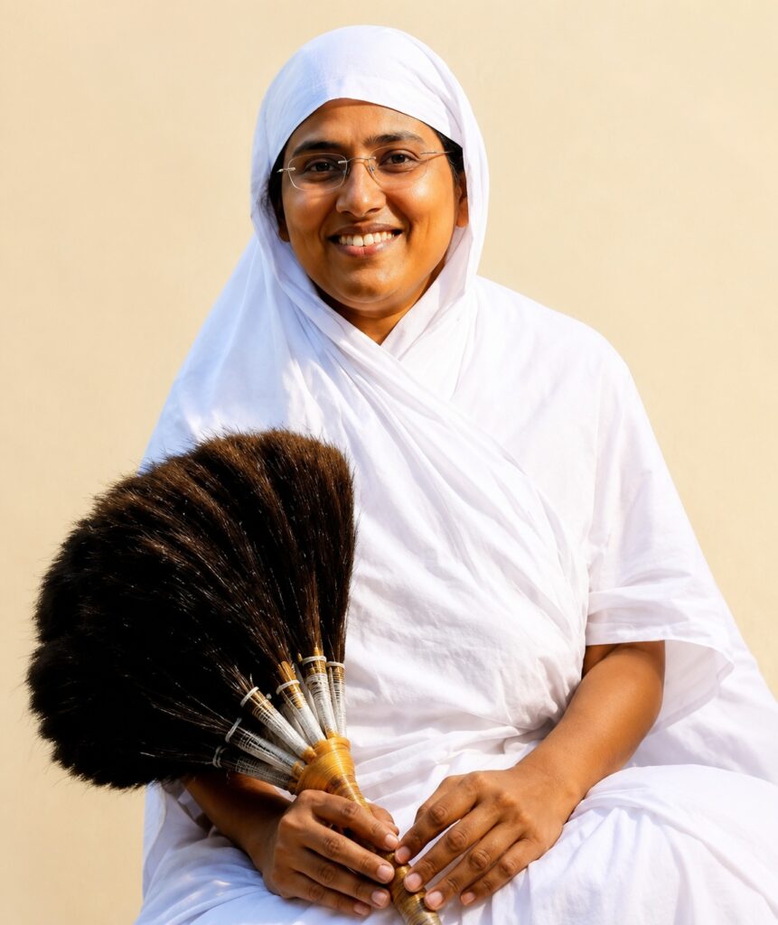 Smiling woman in a white robe and hijab, wearing glasses, holding a large broom with dark bristles.