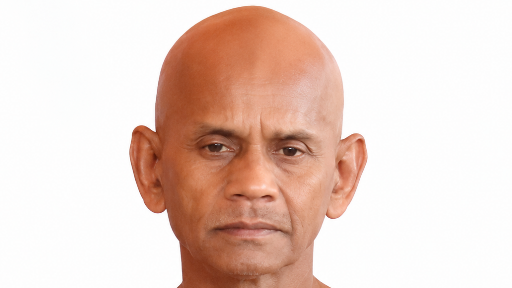 Close-up portrait of a bald man with a neutral expression against a white background.