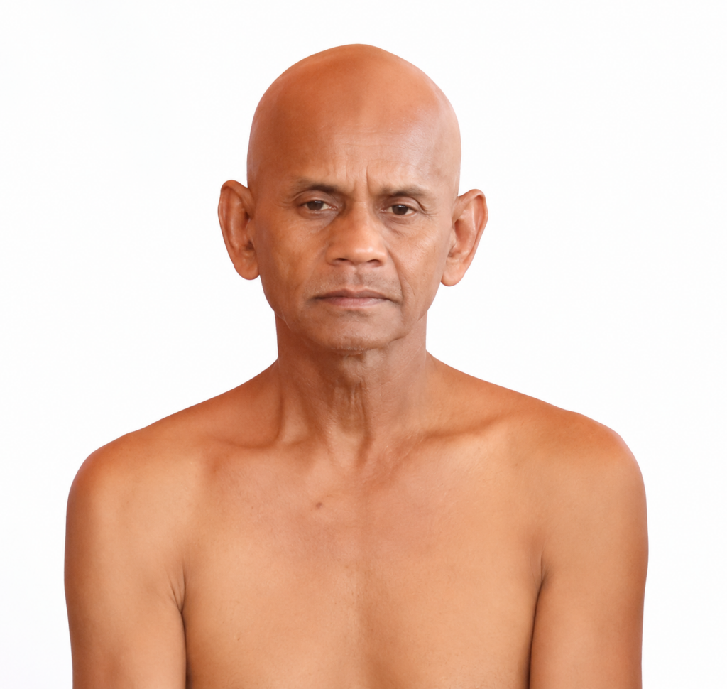 Portrait of a bald, middle-aged man with a neutral expression against a white background, shoulders exposed