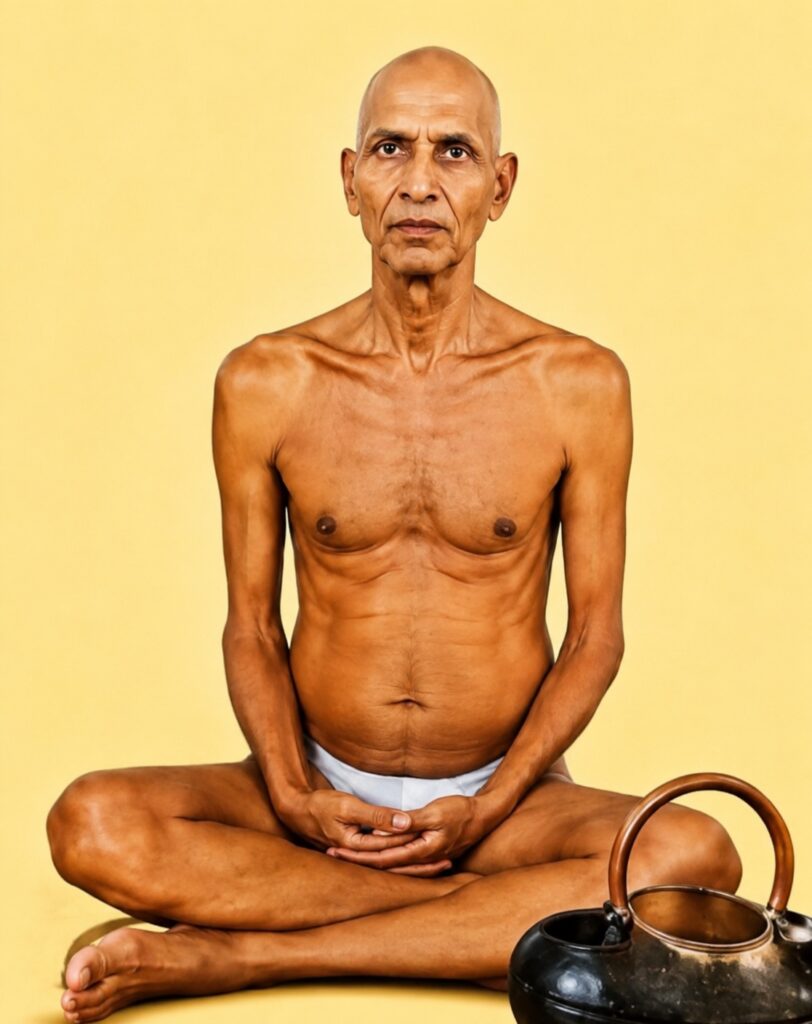 Elderly man sitting cross‑legged in meditation against a yellow background, with a kettle nearby.
