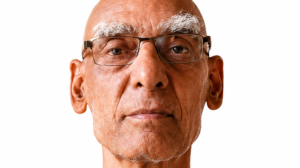 Close-up portrait of an elderly man with white eyebrows and rectangular glasses, facing forward.