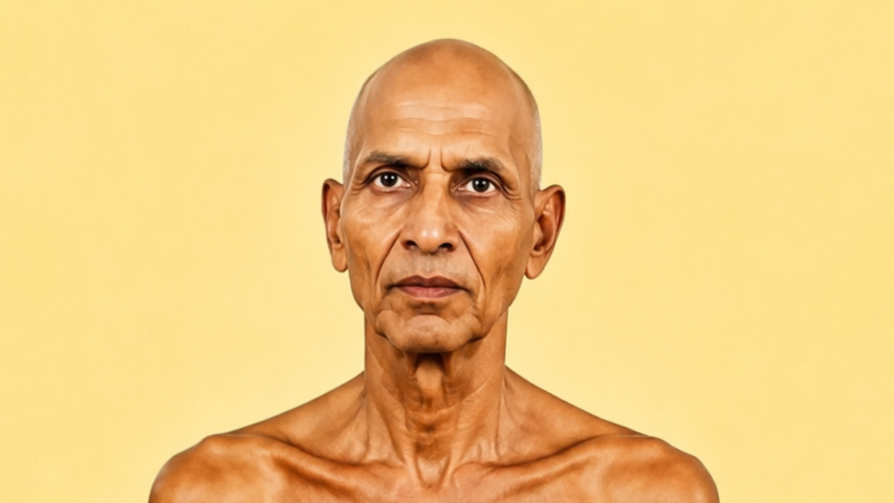Bald, shirtless older man facing the camera against a pale yellow background.